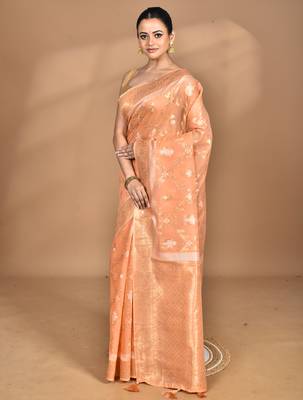 peach banarasi silk blend chanderi saree with blouse piece 3