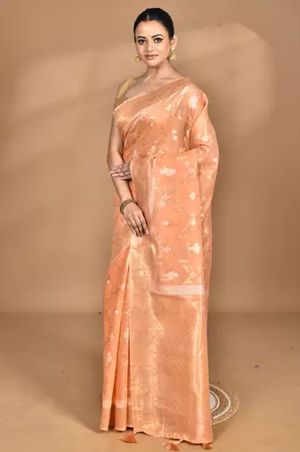 peach banarasi silk blend chanderi saree with blouse piece
