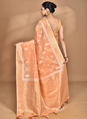 peach banarasi silk blend chanderi saree with blouse piece 4