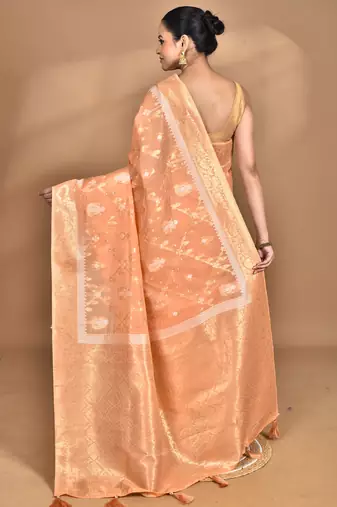peach banarasi silk blend chanderi saree with blouse piece