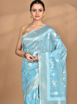 blue banarasi silk blend chanderi saree with blouse piece 1