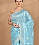 blue banarasi silk blend chanderi saree with blouse piece