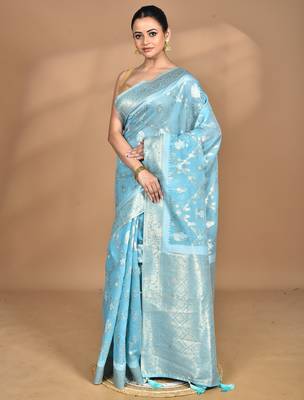 blue banarasi silk blend chanderi saree with blouse piece 3