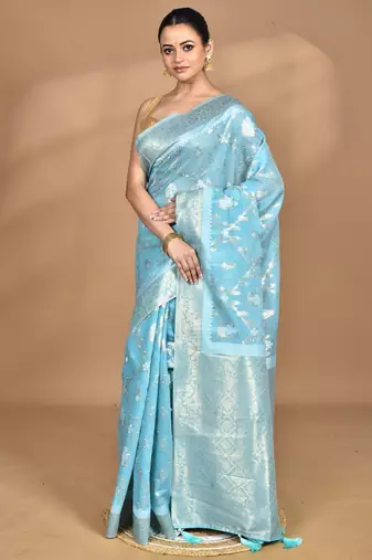 blue banarasi silk blend chanderi saree with blouse piece