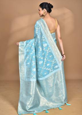 blue banarasi silk blend chanderi saree with blouse piece 4
