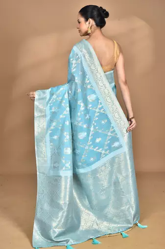 blue banarasi silk blend chanderi saree with blouse piece