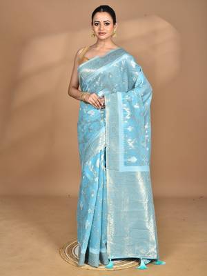 blue banarasi silk blend chanderi saree with blouse piece 5