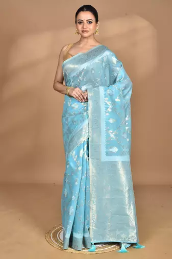 blue banarasi silk blend chanderi saree with blouse piece