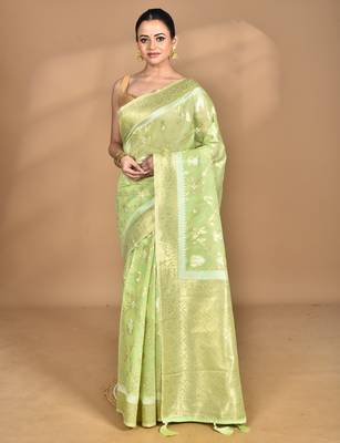green banarasi silk blend chanderi saree with blouse piece 1