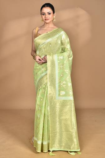 green banarasi silk blend chanderi saree with blouse piece
