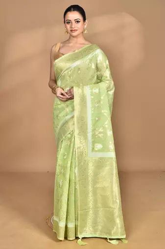 green banarasi silk blend chanderi saree with blouse piece