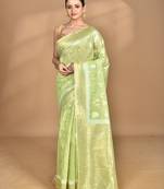 green banarasi silk blend chanderi saree with blouse piece