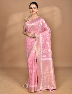 pink banarasi silk blend chanderi saree with blouse piece 1