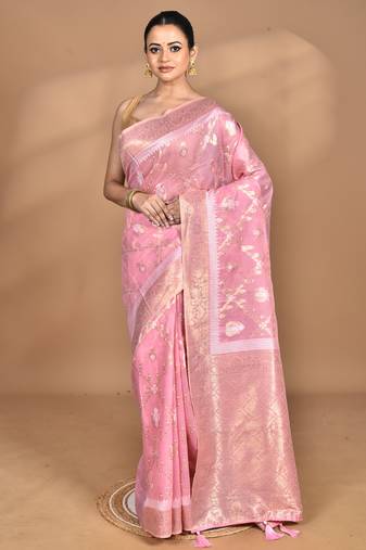 pink banarasi silk blend chanderi saree with blouse piece