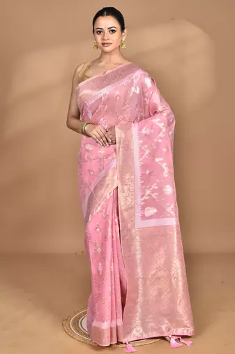 pink banarasi silk blend chanderi saree with blouse piece