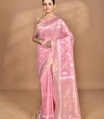 pink banarasi silk blend chanderi saree with blouse piece