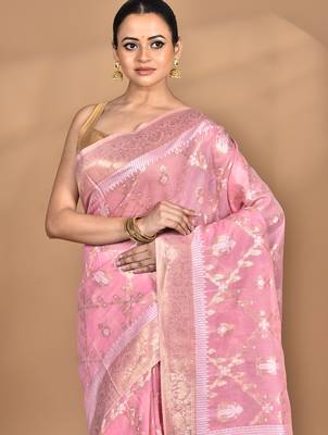 pink banarasi silk blend chanderi saree with blouse piece 2