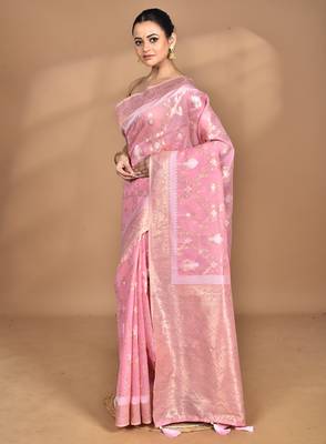pink banarasi silk blend chanderi saree with blouse piece 3