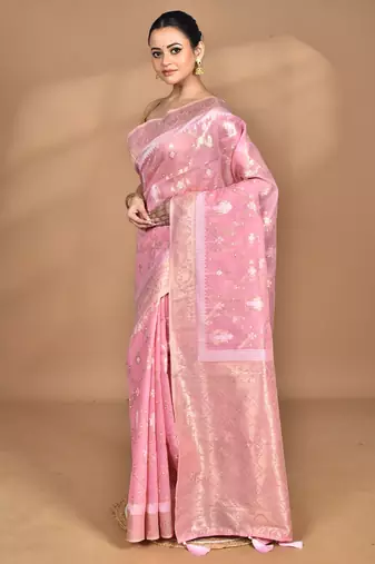 pink banarasi silk blend chanderi saree with blouse piece