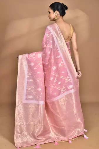 pink banarasi silk blend chanderi saree with blouse piece