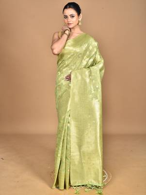green banarasi silk blend chanderi saree with blouse piece 1