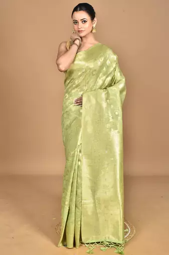 green banarasi silk blend chanderi saree with blouse piece