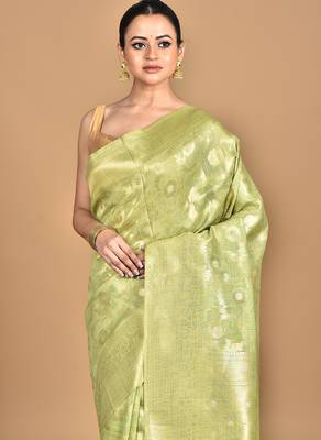 green banarasi silk blend chanderi saree with blouse piece 2