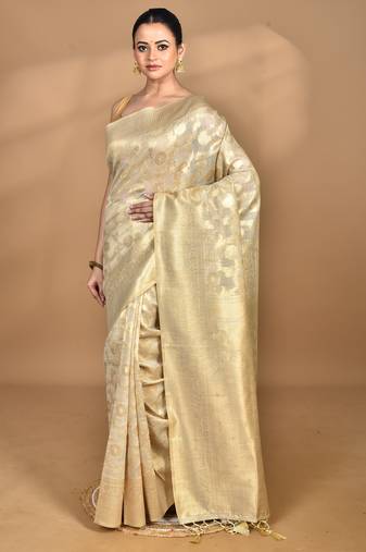 cream banarasi silk blend chanderi saree with blouse piece