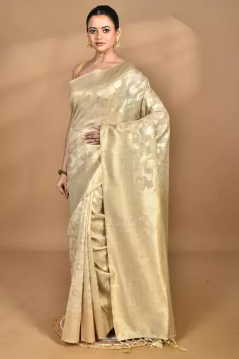 cream banarasi silk blend chanderi saree with blouse piece