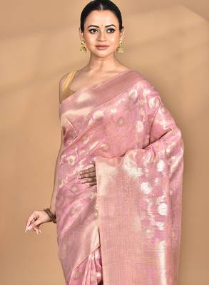 pink banarasi silk blend chanderi saree with blouse piece 1