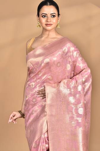pink banarasi silk blend chanderi saree with blouse piece