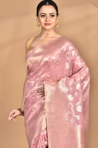 pink banarasi silk blend chanderi saree with blouse piece