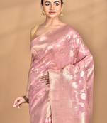 pink banarasi silk blend chanderi saree with blouse piece