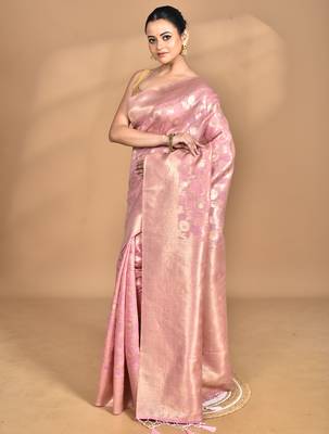pink banarasi silk blend chanderi saree with blouse piece 2