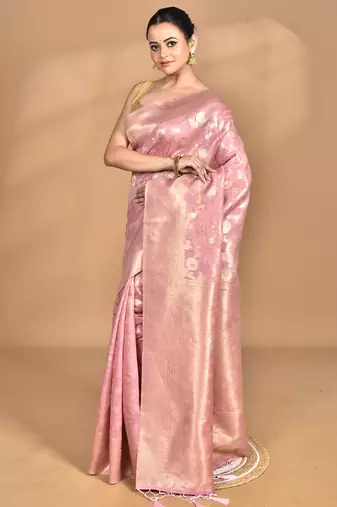pink banarasi silk blend chanderi saree with blouse piece