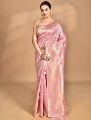 pink banarasi silk blend chanderi saree with blouse piece 4