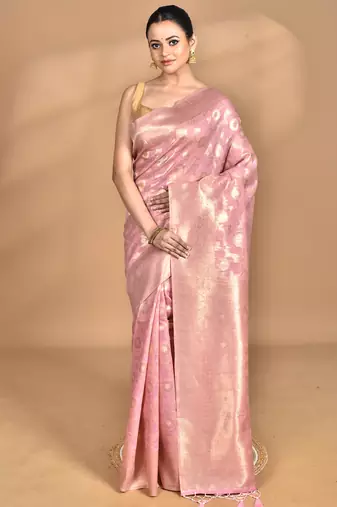 pink banarasi silk blend chanderi saree with blouse piece