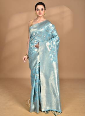 blue banarasi silk blend chanderi saree with blouse piece 1