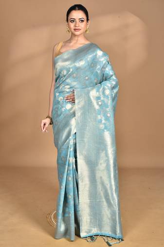 blue banarasi silk blend chanderi saree with blouse piece