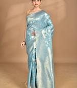 blue banarasi silk blend chanderi saree with blouse piece