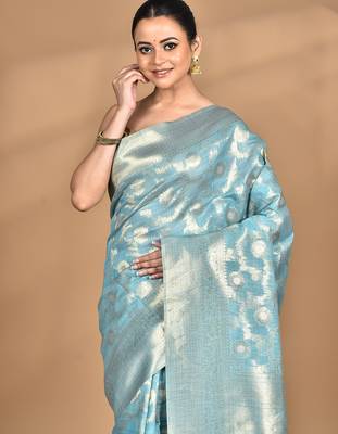 blue banarasi silk blend chanderi saree with blouse piece 2