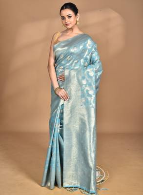 blue banarasi silk blend chanderi saree with blouse piece 3