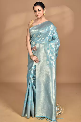 blue banarasi silk blend chanderi saree with blouse piece