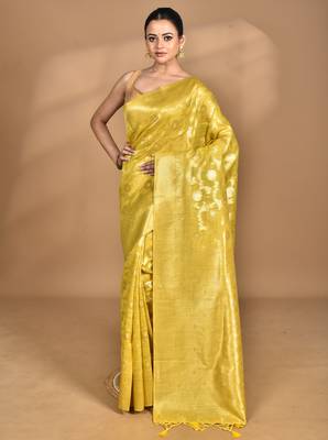 yellow banarasi silk blend chanderi saree with blouse piece 1