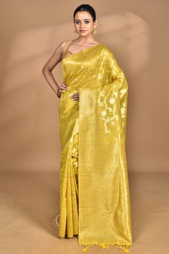 yellow banarasi silk blend chanderi saree with blouse piece