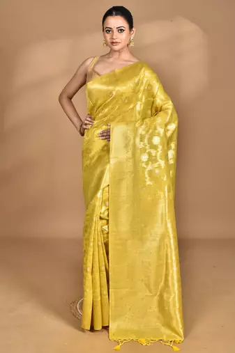 yellow banarasi silk blend chanderi saree with blouse piece