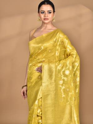 yellow banarasi silk blend chanderi saree with blouse piece 2