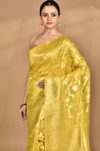 yellow banarasi silk blend chanderi saree with blouse piece