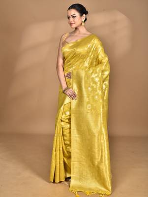 yellow banarasi silk blend chanderi saree with blouse piece 3