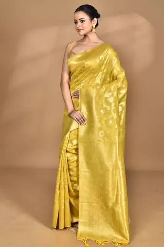 yellow banarasi silk blend chanderi saree with blouse piece